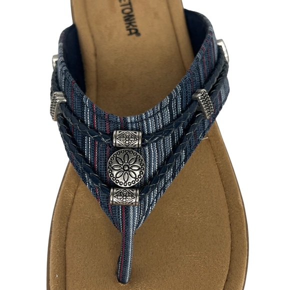 Minnetonka Blue Silverthorne Thong Slide Fabric And Leather Sandals Size 10M - Picture 8 of 14